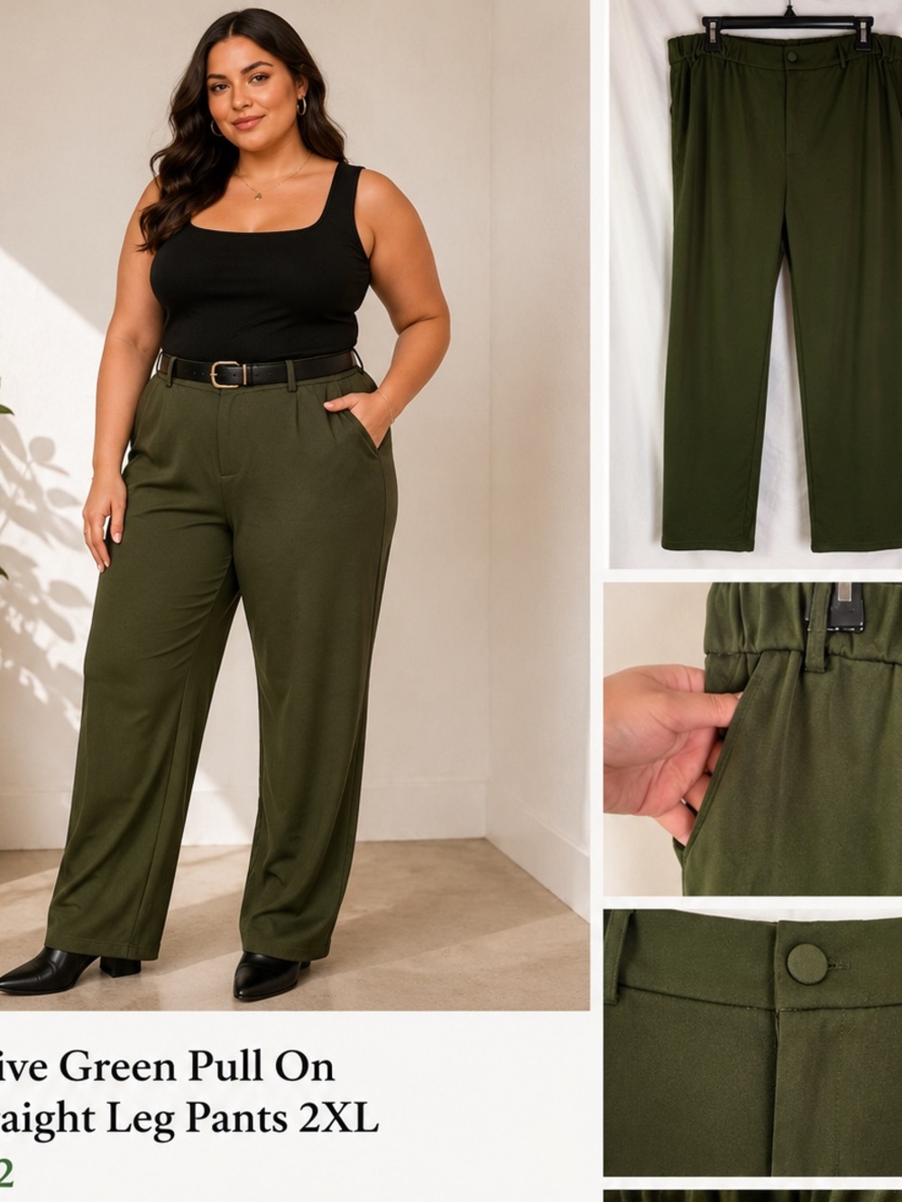 Olive Green Pull On Straight Leg Pants 2XL Stretch Utility Trousers